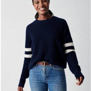 Faherty Navy Crewneck Sweater with White Sleeve Stripes